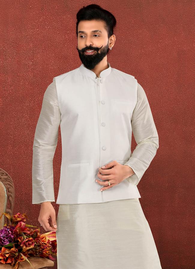 Dhupion Silk White Festival Wear Embroidery Work Readymade Men's Waist Coat